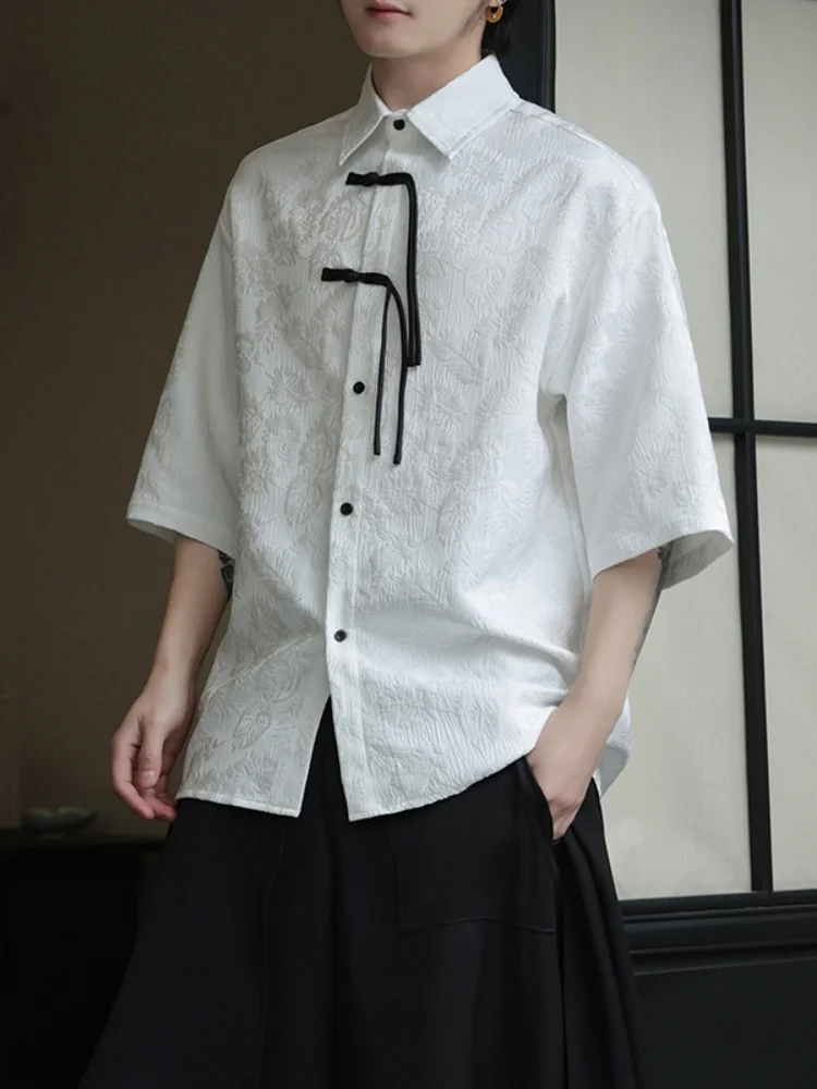 

Белая мужская рубашка с коротким рукавом, с вышивкой, на пуговицах, летняя, в новом китайском стиле, обновленный костюм Тан, Ханьфу, тонкая ткань