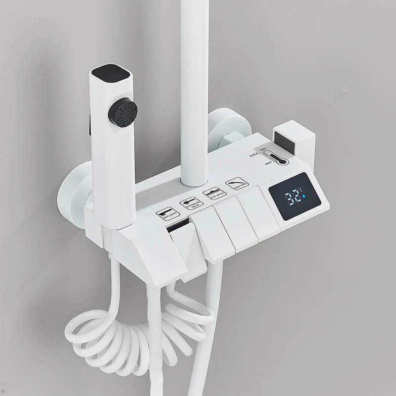 Crane Hand Shower Bath Tub Spout With Bidet Faucet White Bathroom Shower Faucet 4-ways Button Mixers Tap Rainfall Shower