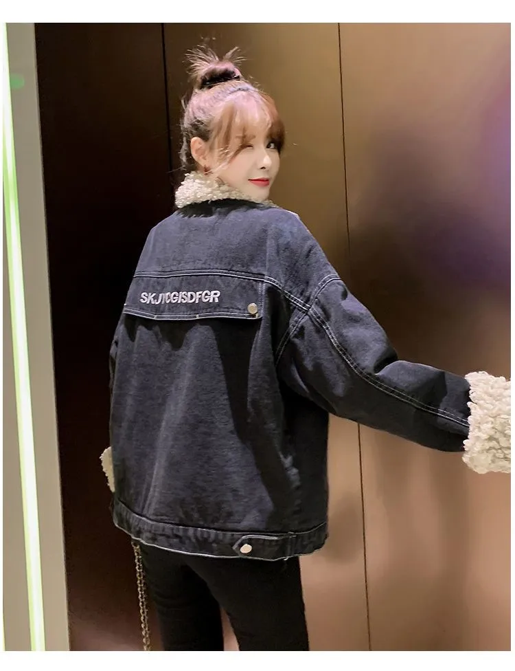 

Джинсовое пальто в стиле хип-хоп, меховое, плюшевое, женское, зимнее, эластичное, Boxy Fit, в готическом стиле, в стиле панк, для ночного клуба, с плюшевой подкладкой, с капюшоном, с защитой от запаха, стеганое