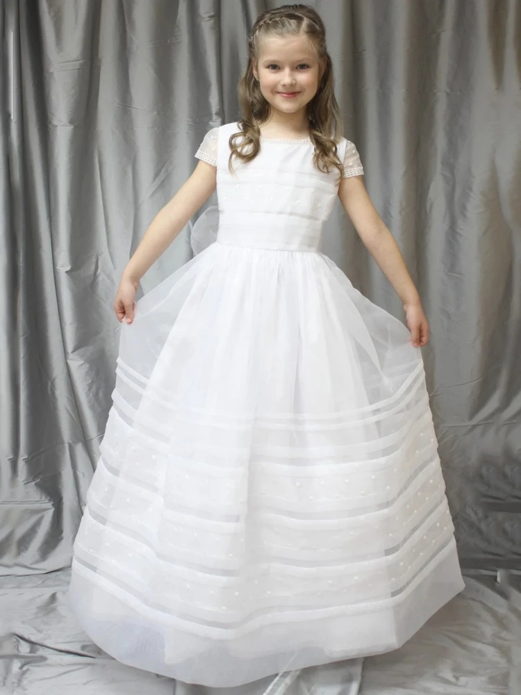 

Flower Girl Dresses White Polka Dot Skirt With Bow Short Sleeve For Wedding Birthday Holy Communion Banquet Princess Gowns