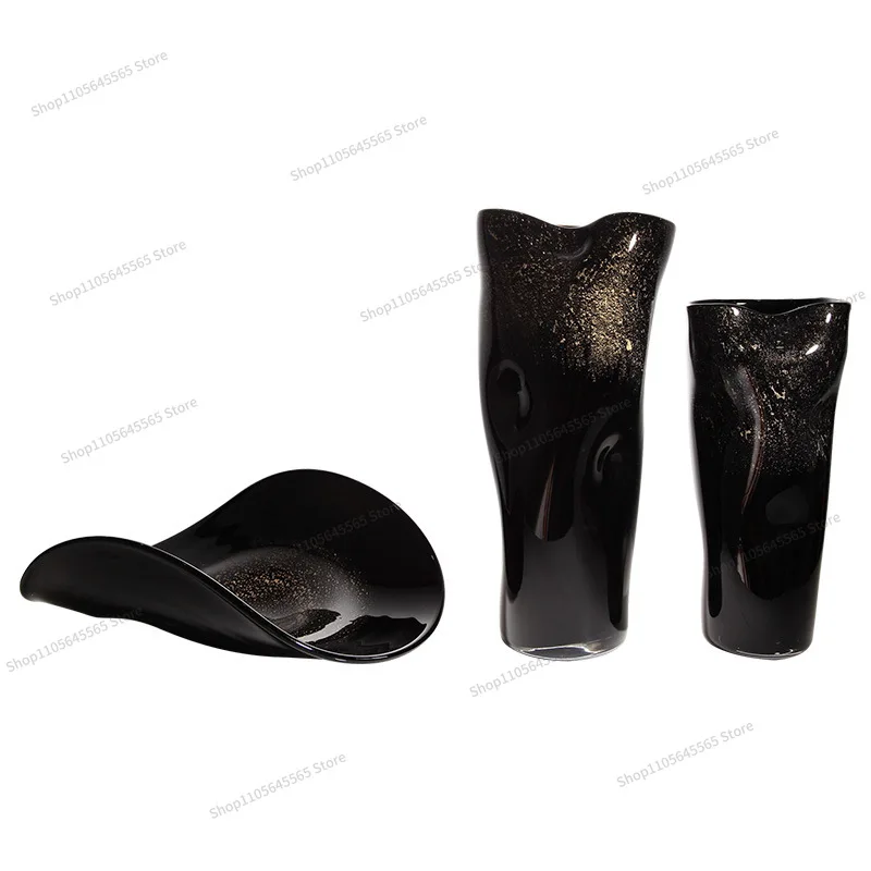 For black sprinkled gold foil irregular abstract shape vase fruit plate set, light luxury high-end soft decoration