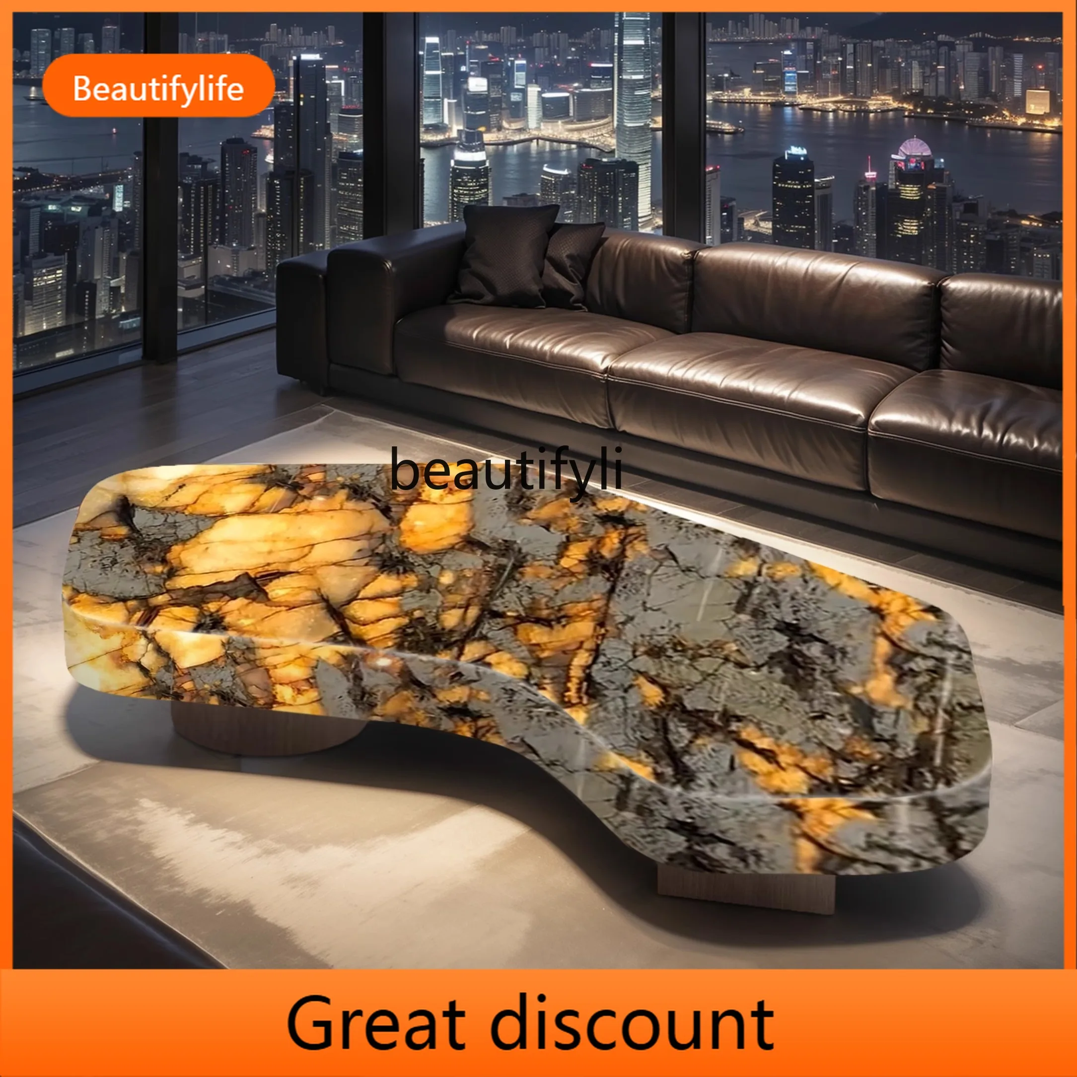 Living room coffee table luminous jade luxury stone white ice jade meniscus light luxury advanced large flat layer