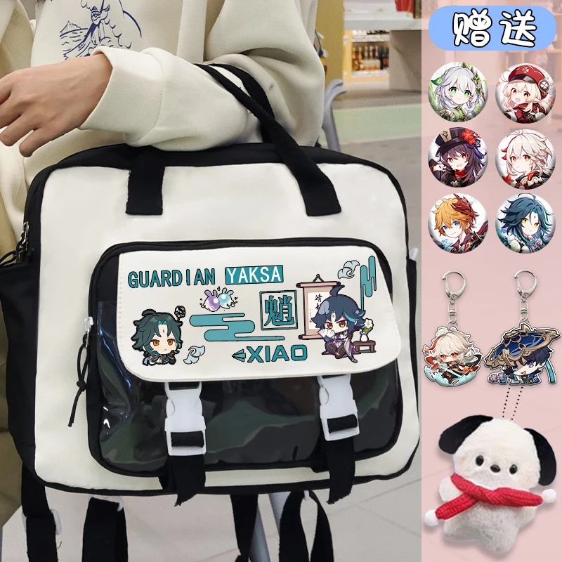 Anime 3Ways Genshin Impact XIAO Klee odznaki torba na ramię plecak torebka komputerowa czarna torba kurierska Cartoon Crossbody prezent