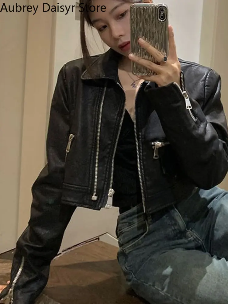 Punk Black Cropped Leather Jacket Women Streetwear Zipper Moto Leather Jacket High Street Vintage Soft Faux Leather Coats 2023