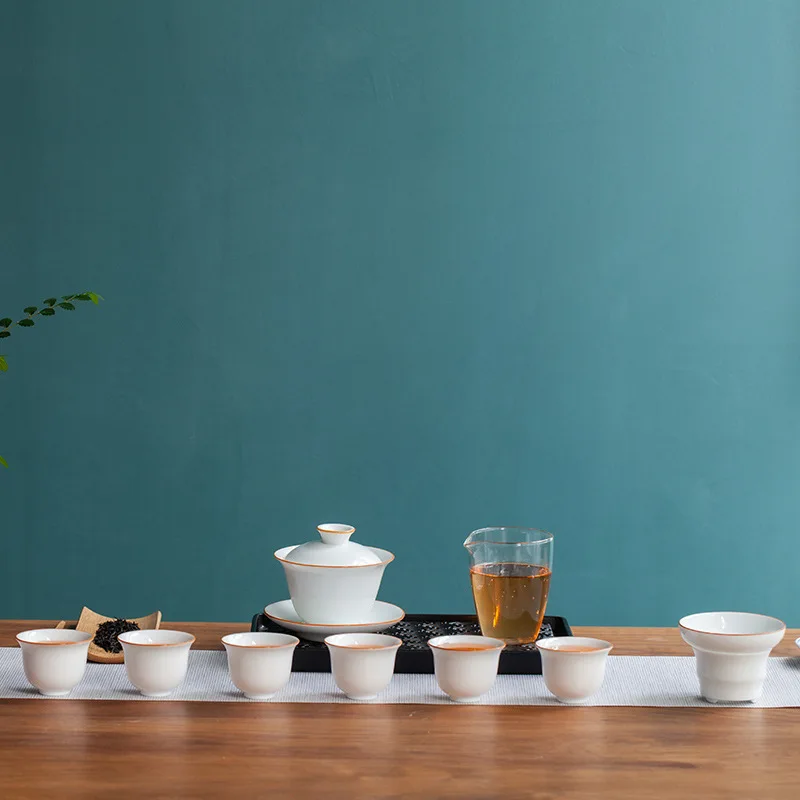 Dehua Gilded Gaiwan Ceramic Kung Fu Tea Set with 6 Cups Pure White Set Jadeite Ceramic Tea Set Gift Box Business & Home Gift