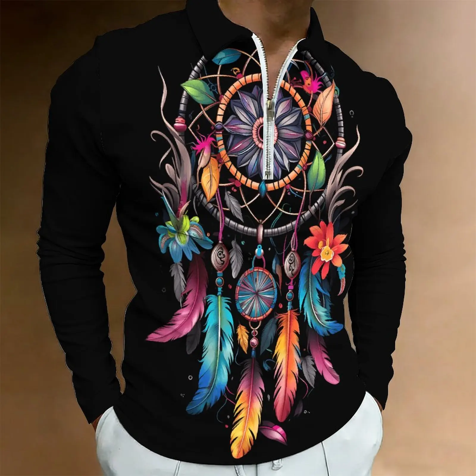 Men Print Half Zip Polo Shirt Long Sleeve Lapel Collar Casual Summer Mens Daily Tops Oversize