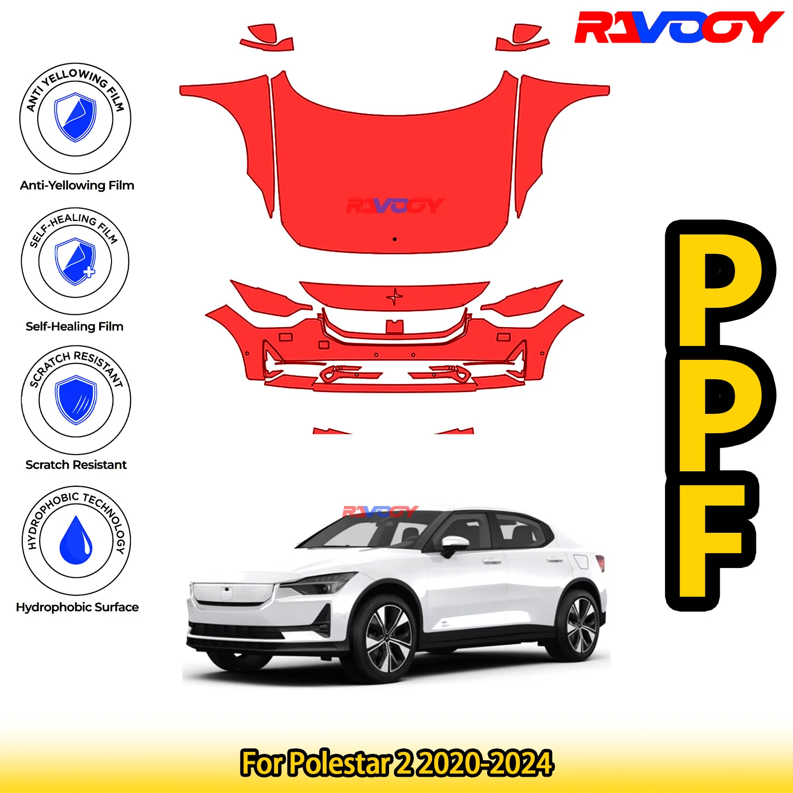 

Для Polestar 2 2020-2024 глянцевый матовый черный предварительно вырезанный передний комплект PPF, защитная пленка для краски