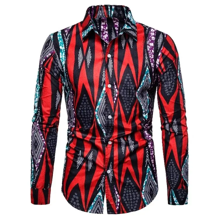 Afrikaanse Traditionele Print Heren Overhemden Casual Single-Breasted Blouses Lange Mouwen Shirt Streetwear Trend Revers Tops Heren Kleding