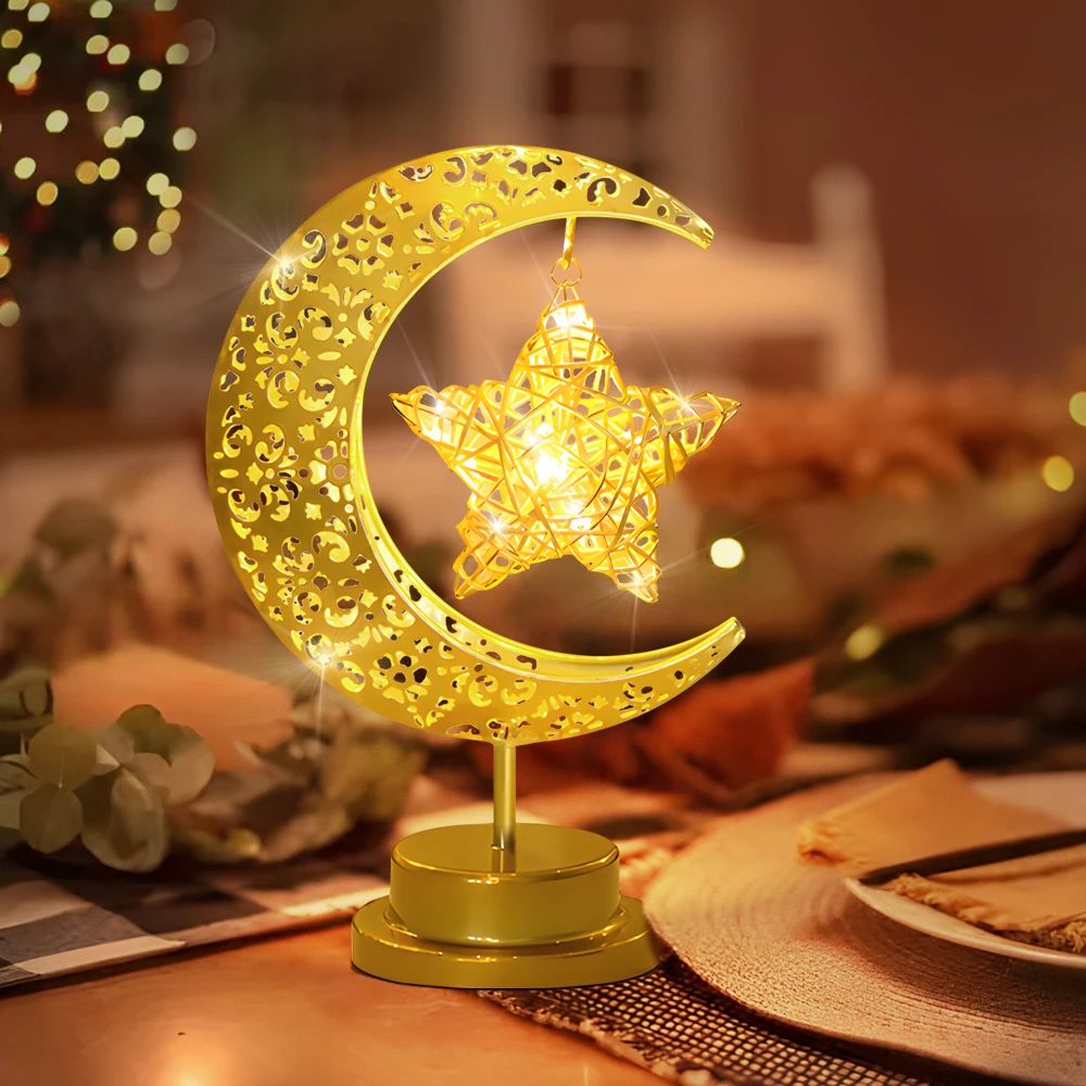 Portable Christmas Night Light Vintage Star Moon Decor Table  Eye Caring Warm Glow Wireless LED Desk Lamp Holiday Decor Gift
