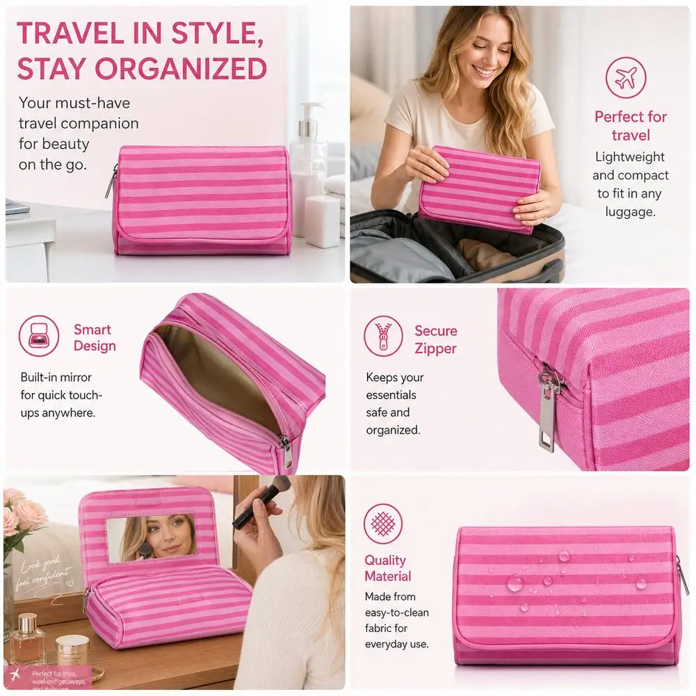 Flip Top With Mirror Makeup Bag Women Pink Striped Portable Zipper Cosmetic Travel Organizer Toiletry Pouch