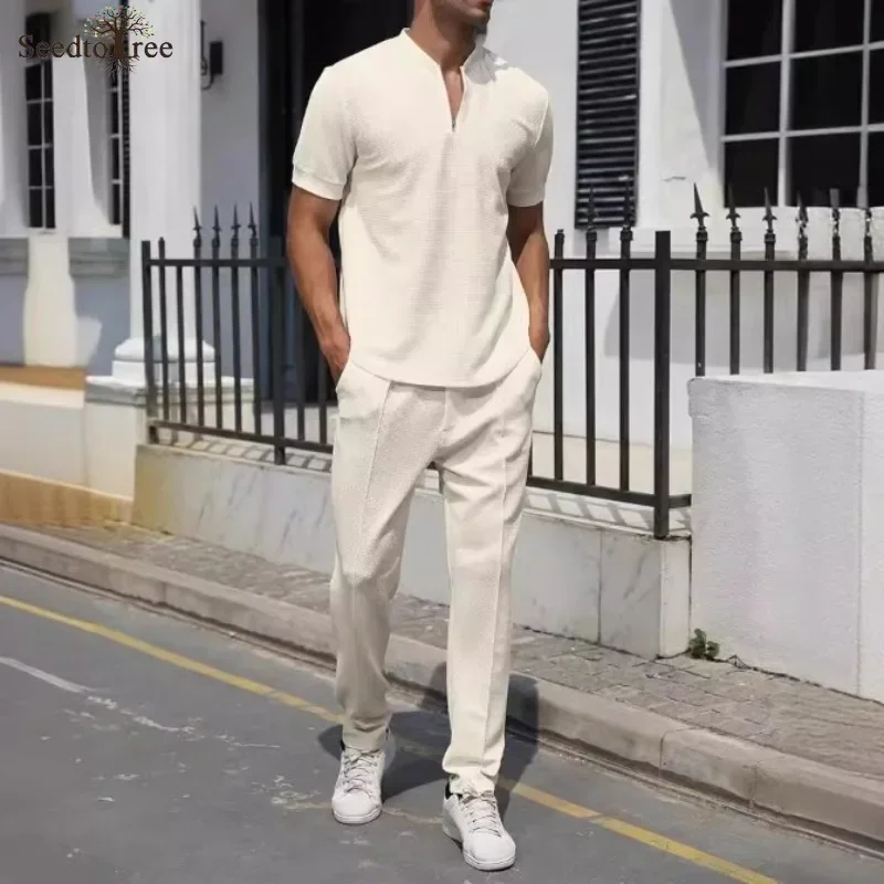 Summer Men's Sets Solid Color Round Neck Short Sleeved T-shirt Casual Pants Two-piece Set