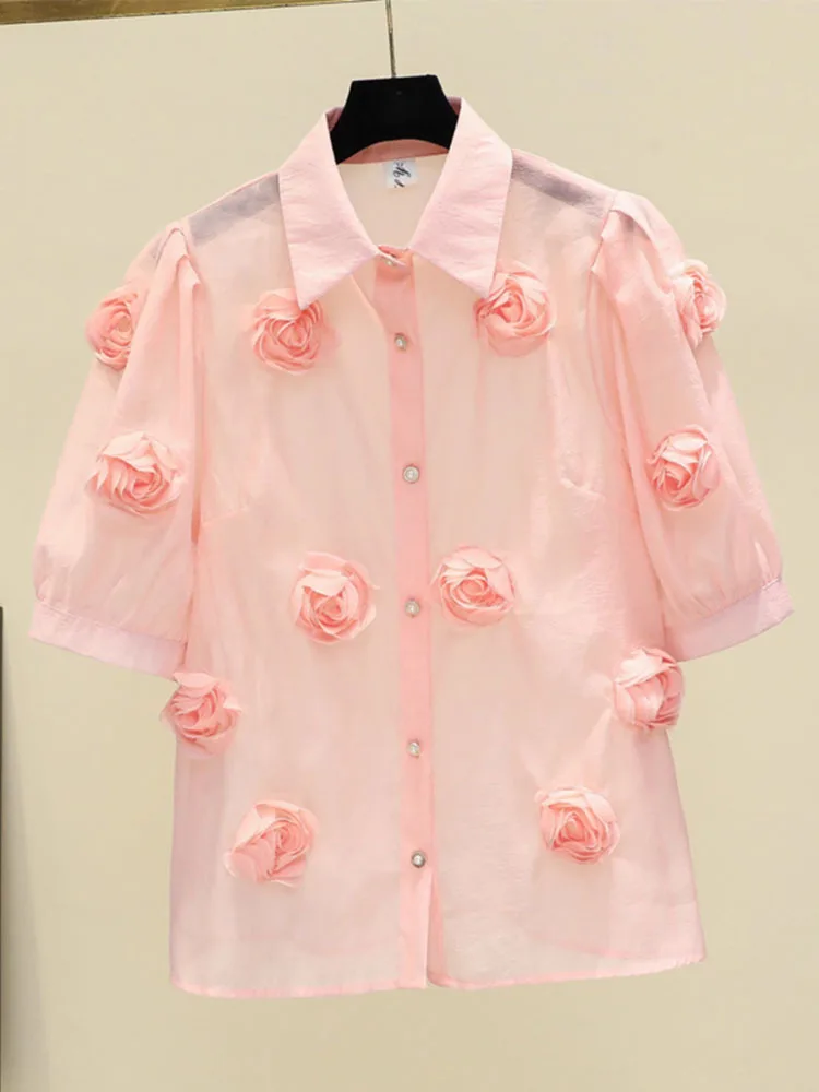 Women Vintage Sweet Three-dimensional Blouse Flower Lapel Puff Sleeve Lightweight Loose Shirts Spring Summer 2024