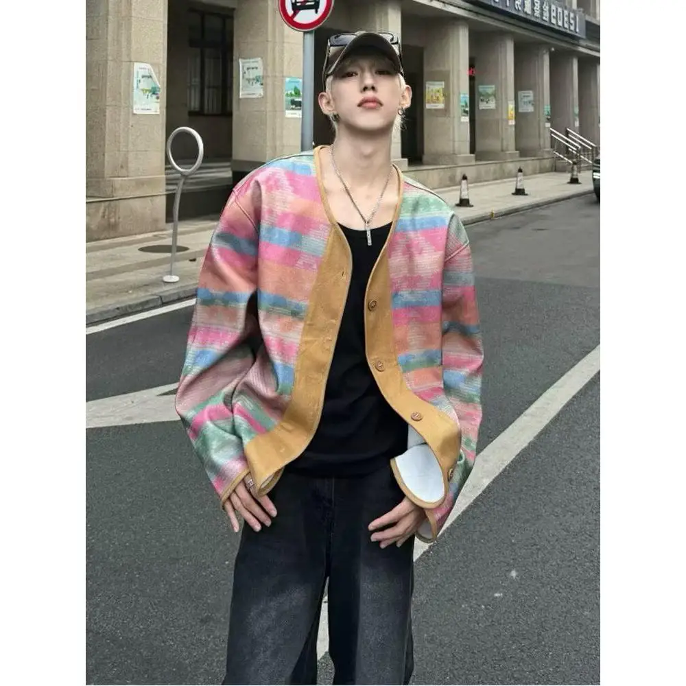 

Dannyandzee Men's Loose Fit V-Ne Rainbow Jaet Coat Vintage Ethnic Sle Woolen Material Autumn Faion Teenagers Clothing