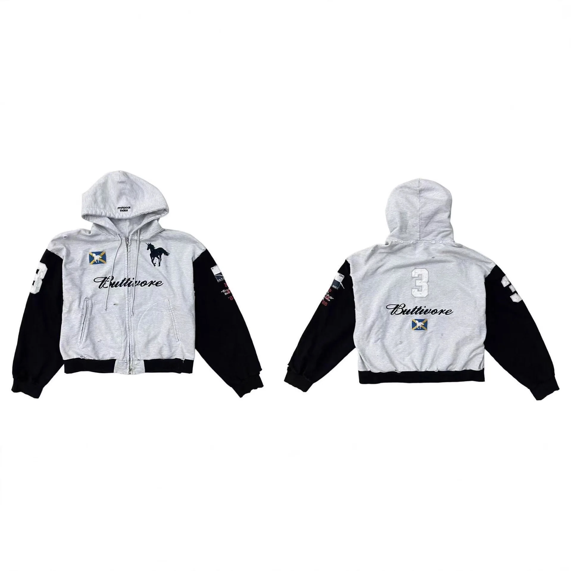PROJEKT G/R Patchwork Spleißen Beschädigtes Loch Reißverschluss Strickjacke Mantel Männer Frauen Unisex Baumwolle Übergroße Logo Stickerei