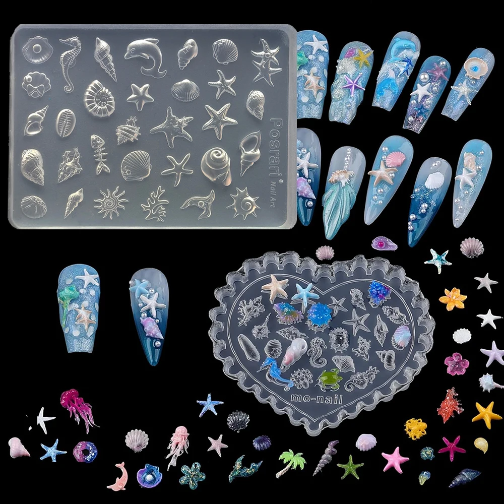 Summer Ocean Silicone Nail Mold 2Styles 3D Gel Manicure Molds Conch Seashell Starfish Charms Supplies Reusable Template Stencils