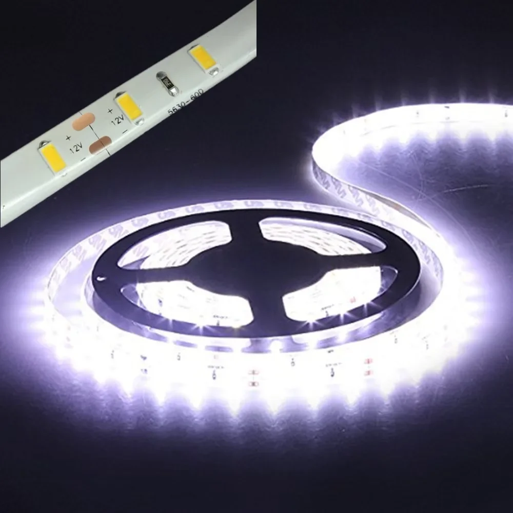 Impermeável LED Strip Light, fita flexível, Natural branco, frio, quente, vermelho, verde, azul, 5630, 5730, 12V, 5m, 4000K, 3000K, 6500K