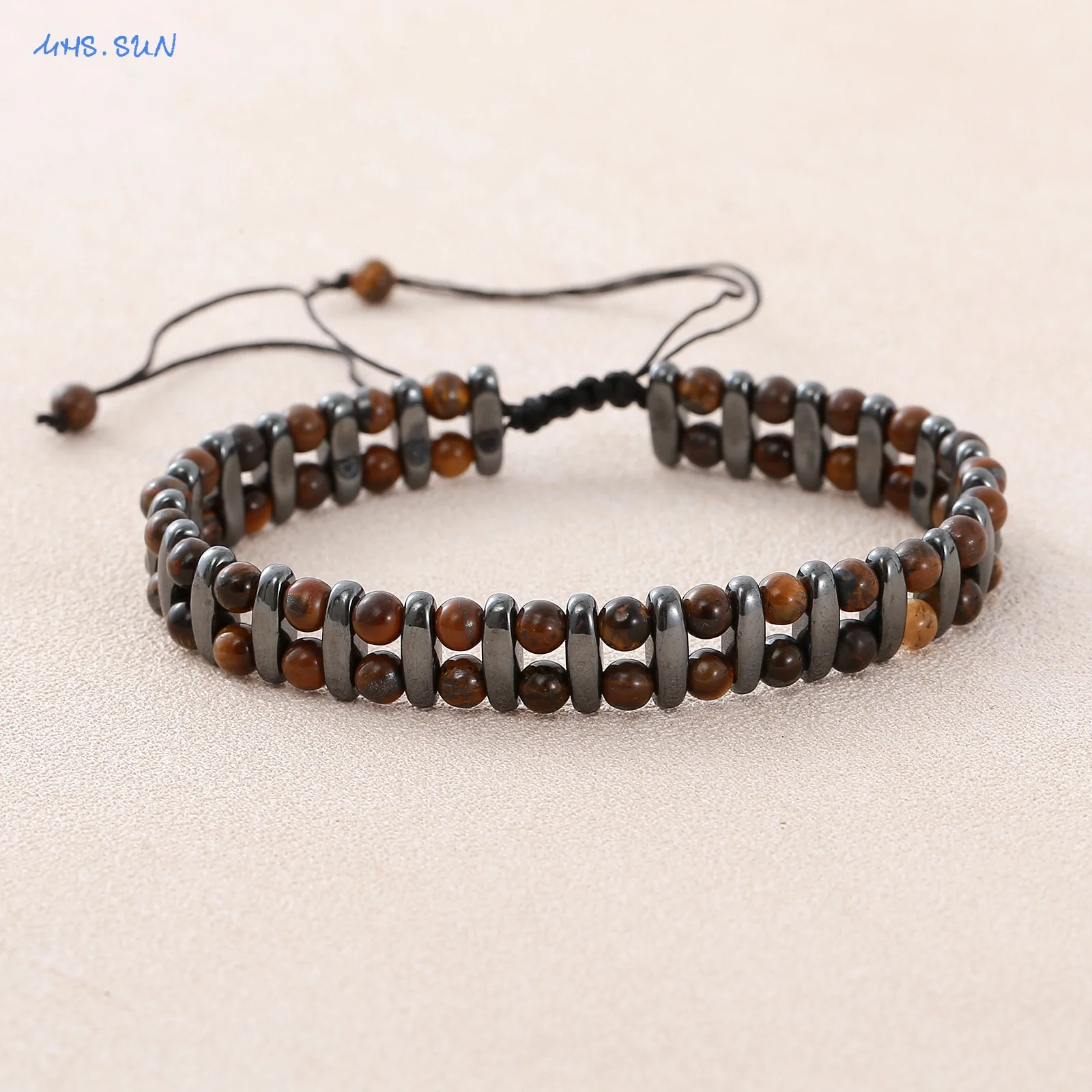 MHS.SUN Natural Stone Double Row Tiger Eye Beaded Bracelets For Women Men Adjustable Braided Bracelet Punk Style Jewelry