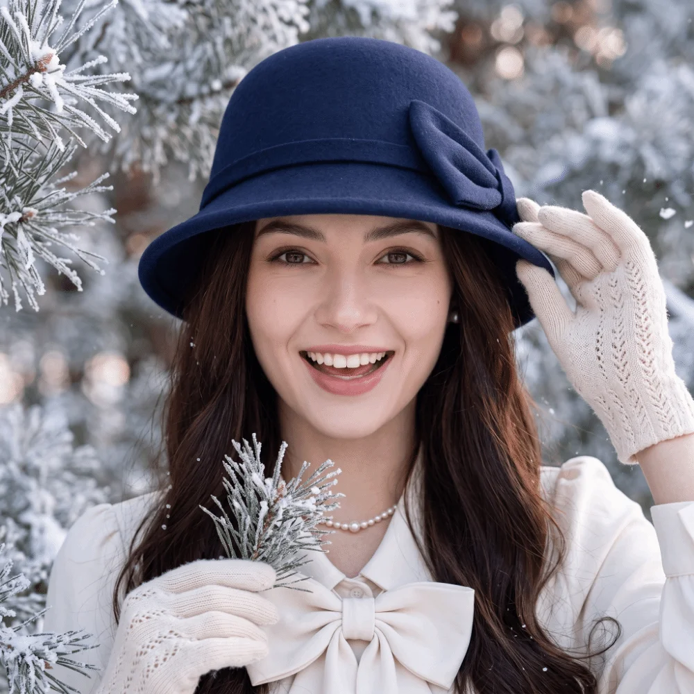 Korean Style Winter Woolen Hat Warm Fleece Solid Color Retro Cloche Cap Chic Design Cute Bow Elegant Bucket Hat Fashion Ladies