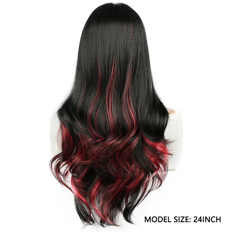 باروكة صناعية مموجة متدرجة باللون الأسود والأحمر، باروكة عالية الجودة مقاس 24 بوصة، مناسبة للحياة اليومية النسائية والحفلات التنكرية وما إلى ذلك