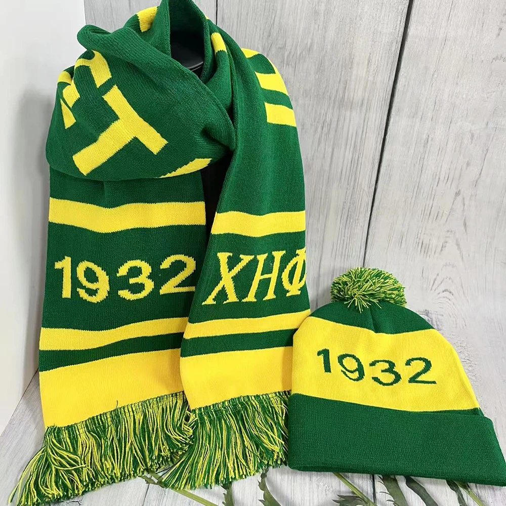 Chi Eta Phi Greek Letter 1932 Sorority sisters Party Winter Yellow Green Scarf Hat Set