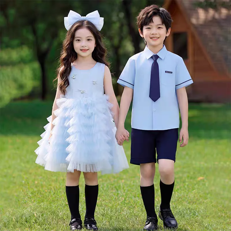 Vestido na Cor Azul Apricot para Crianças do Ensino Fundamental, Fantasia para Apresentações, Uniforme de Formatura para Meninas