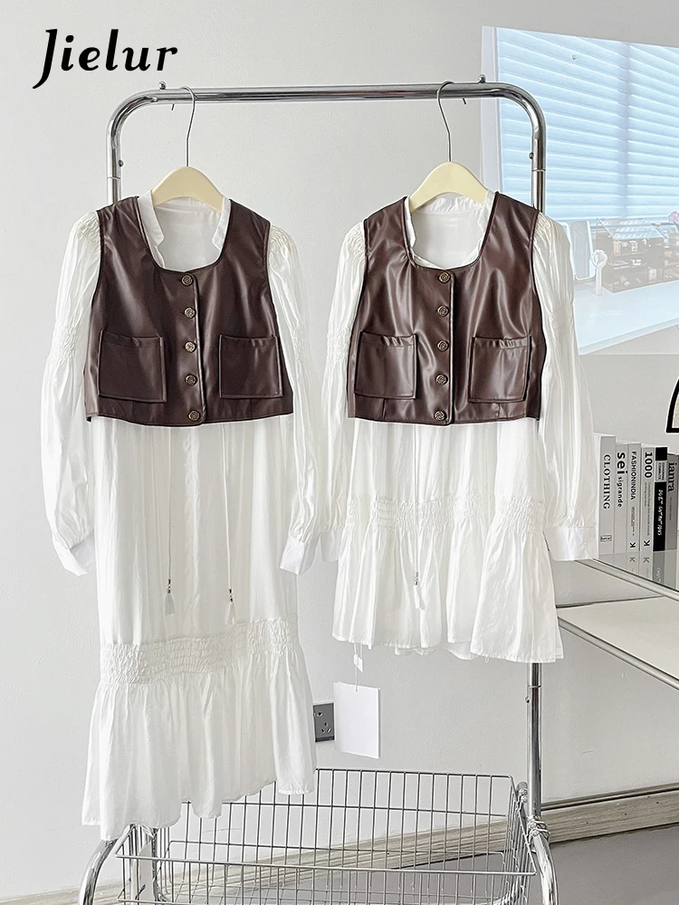 Jielur 화이트 레이스업 러플 벨트 여성 드레스, 심플한 오피스 레이디 셔츠 드레스, 단색 캐주얼 여성 휴가 드레스, 패션