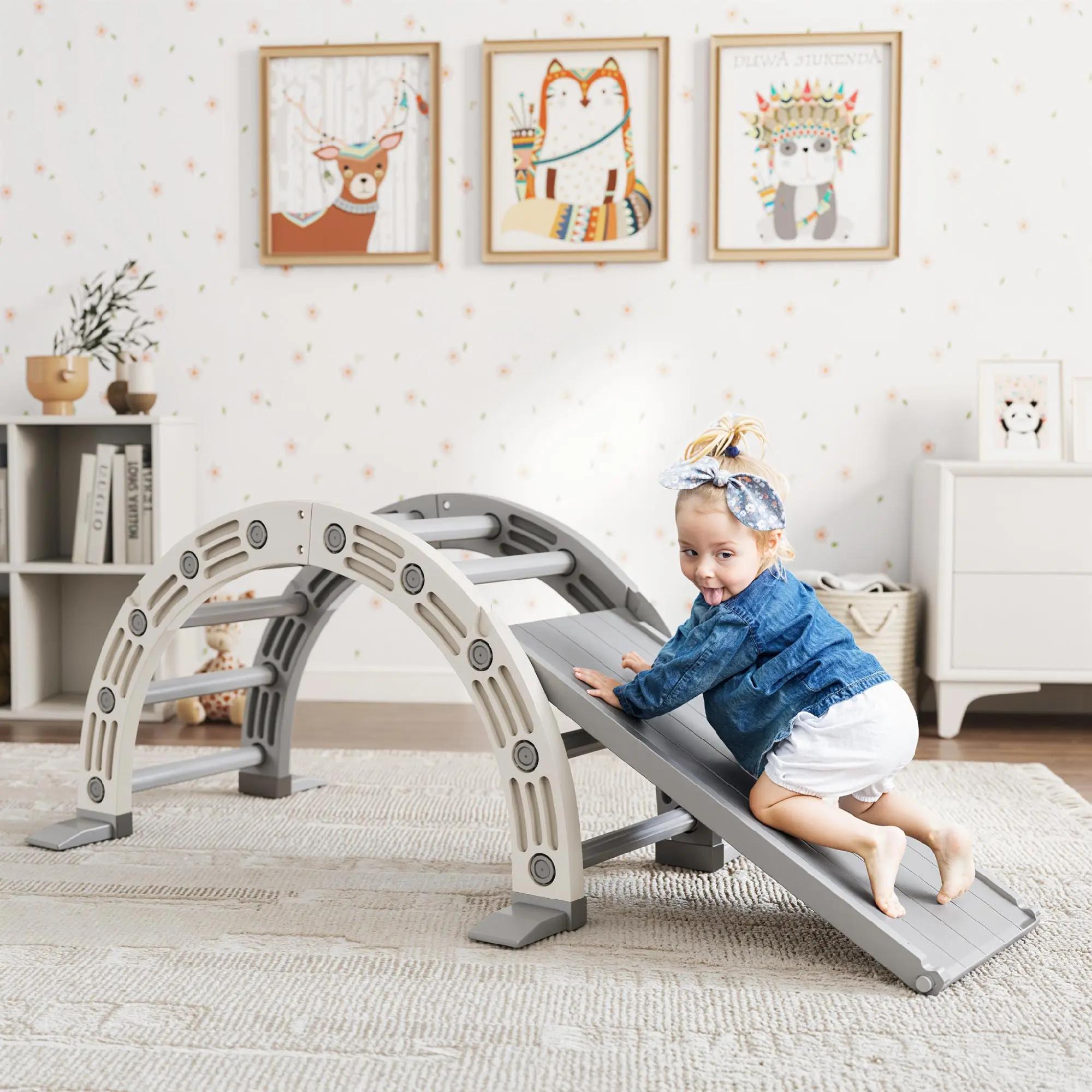 Aiyaplay Jouet d'escalade 4 en 1 pour enfants avec arche d'escalade, balançoire, rampe et toboggan, jouet en plastique pour enfants de 18 à 48 mois, pour l'intérieur et l'extérieur, gris et blanc