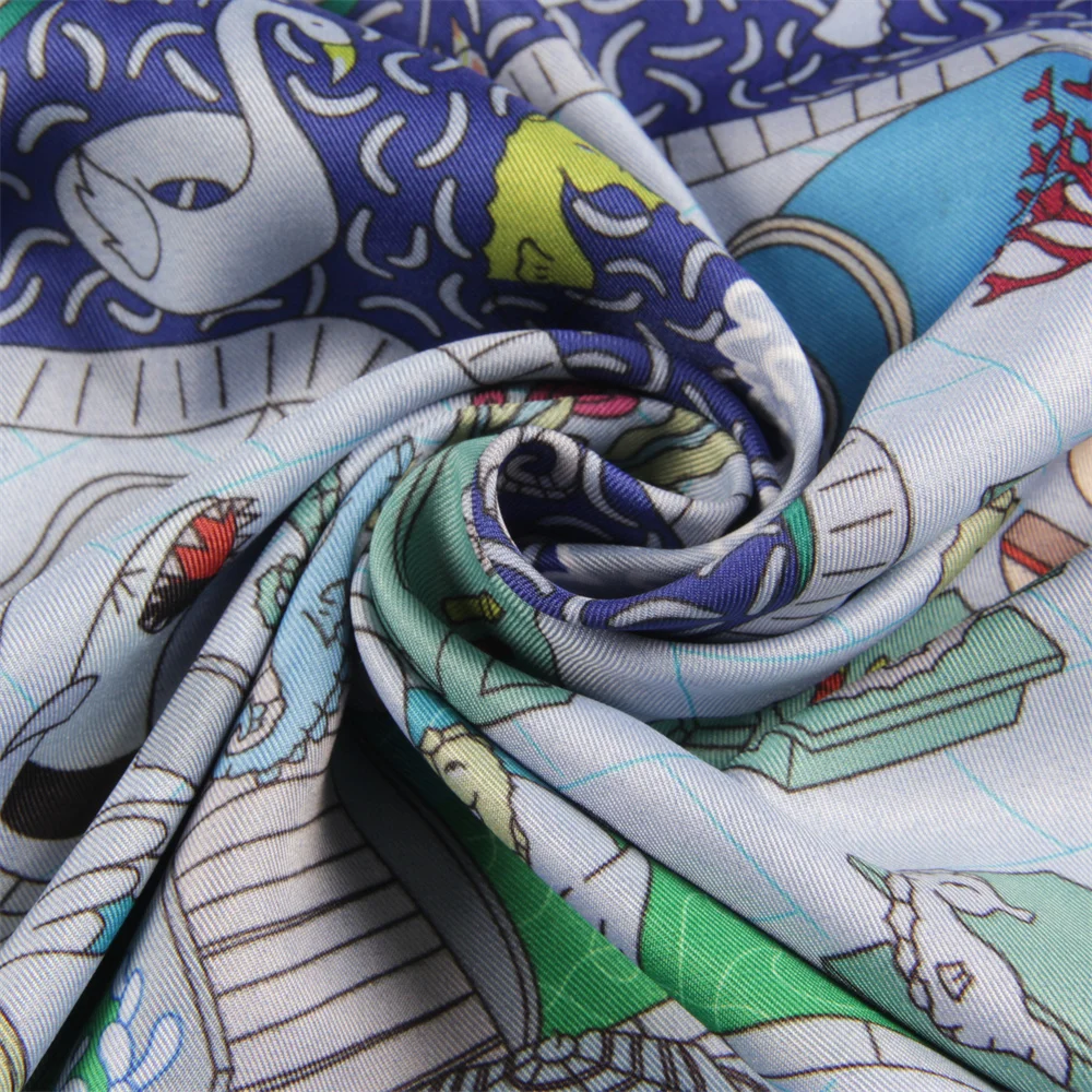 POBING اليد توالت حك وشاح حريري المرأة عجلة مزدوجة مطبوعة أوشحة مربعة يلتف Echarpes Foulards فام الحجاب 90 سنتيمتر #5