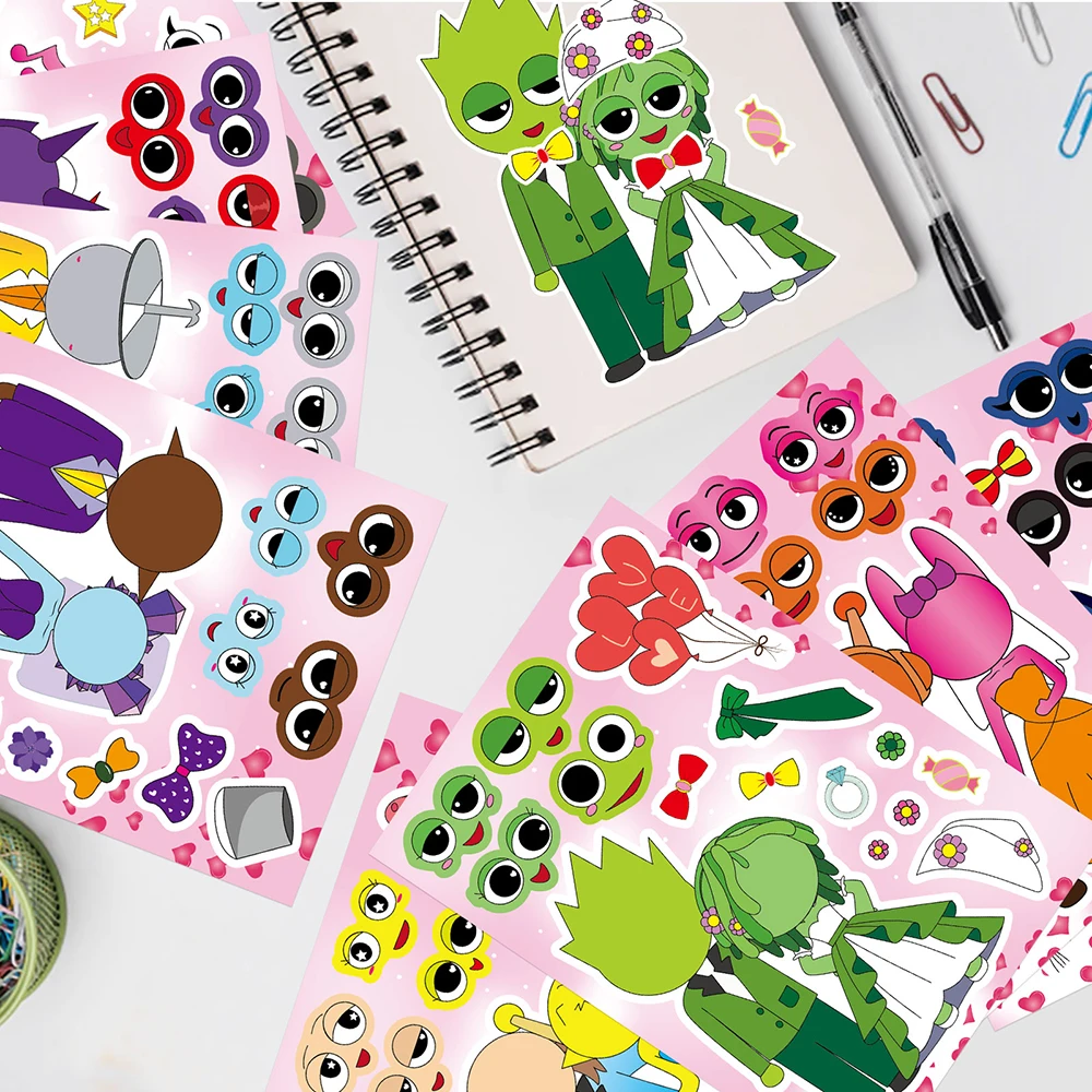 

8/16sheets Cartoon Incredibox Sprunki Make a Face Puzzle Stickers Funny Assemble Jigsaw Children DIY Toy Decals Kid Party Gift