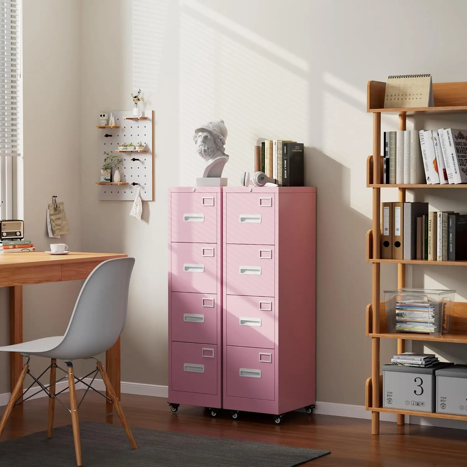 4 Drawer Metal File Cabinet with Lock and Wheels, Vertical Rolling Filing Cabinet 17.7x15x54 Inch for Home Office Letter Legal