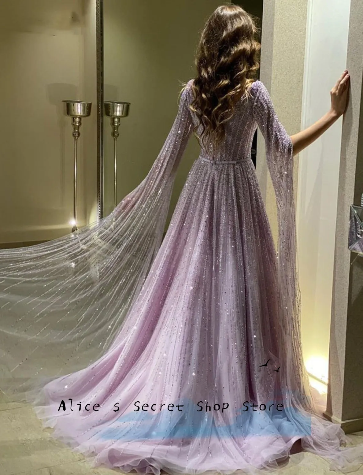 Luxury Tulle Organza Purple Prom Dress For Women O-Neck Half Sleeve Court Train Bridal Gown For Formal Party Dress