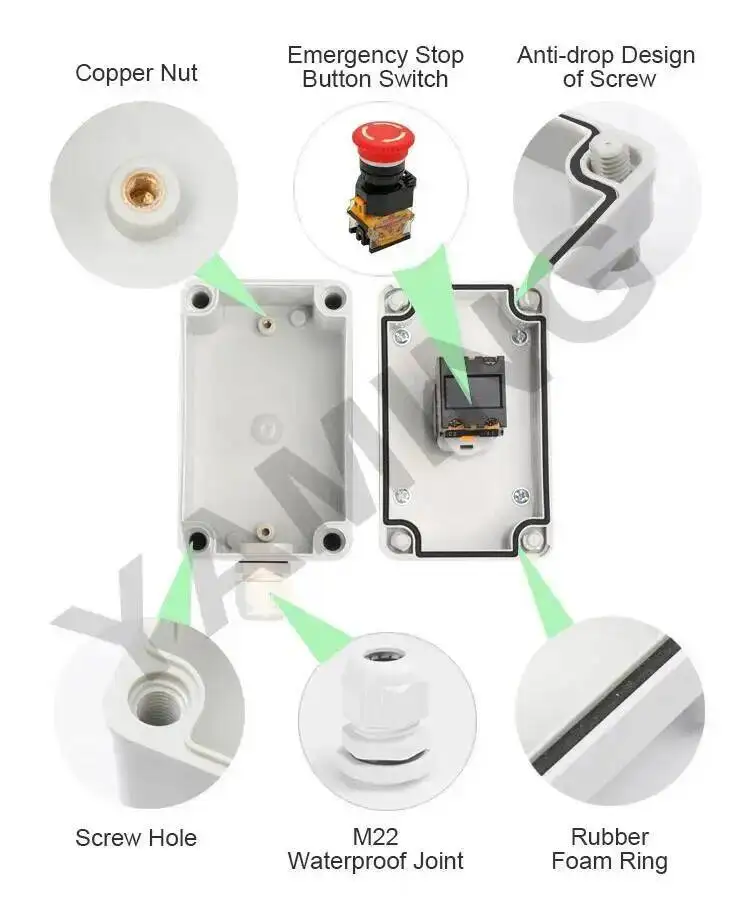 M22 Im Freien Wasserdichte IP67 Push Button Switch Box Notfall Stop Control Verteilung Rot 10A Schraube Installation – Detail 23
