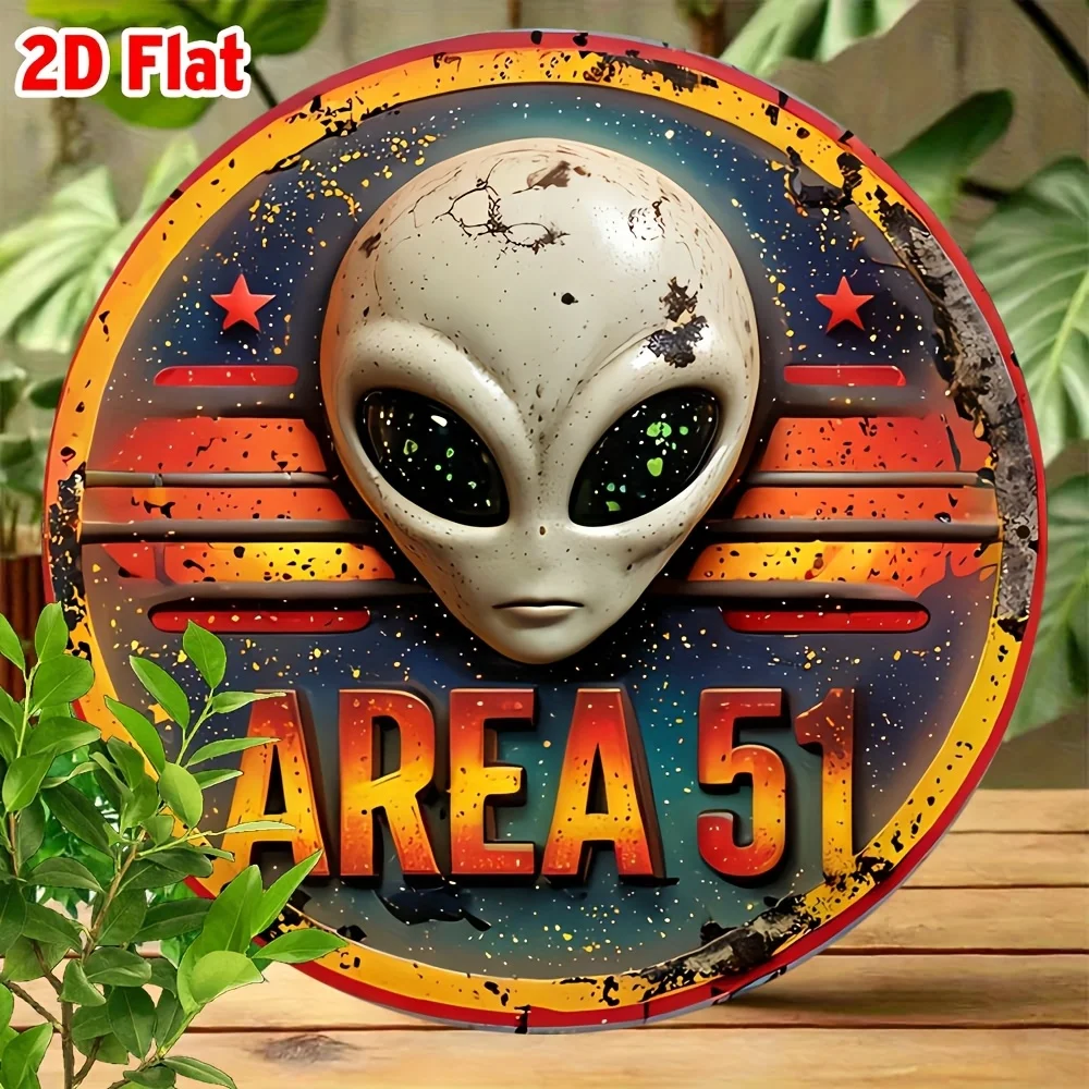 2D Flat Vintage Area 51 UFO Alien Metal Wall Sign - 7.87x7.87 Inch Retro Aluminum Decor Plaque, Distressed Yellow Background