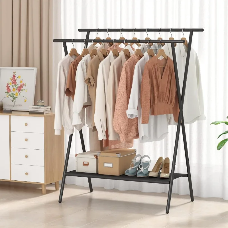 Double Rods Clothing Racks for Hanging Clothes,Portable Clothing Hanging Garment Rack with Bottom Oxford Cloth Shelves