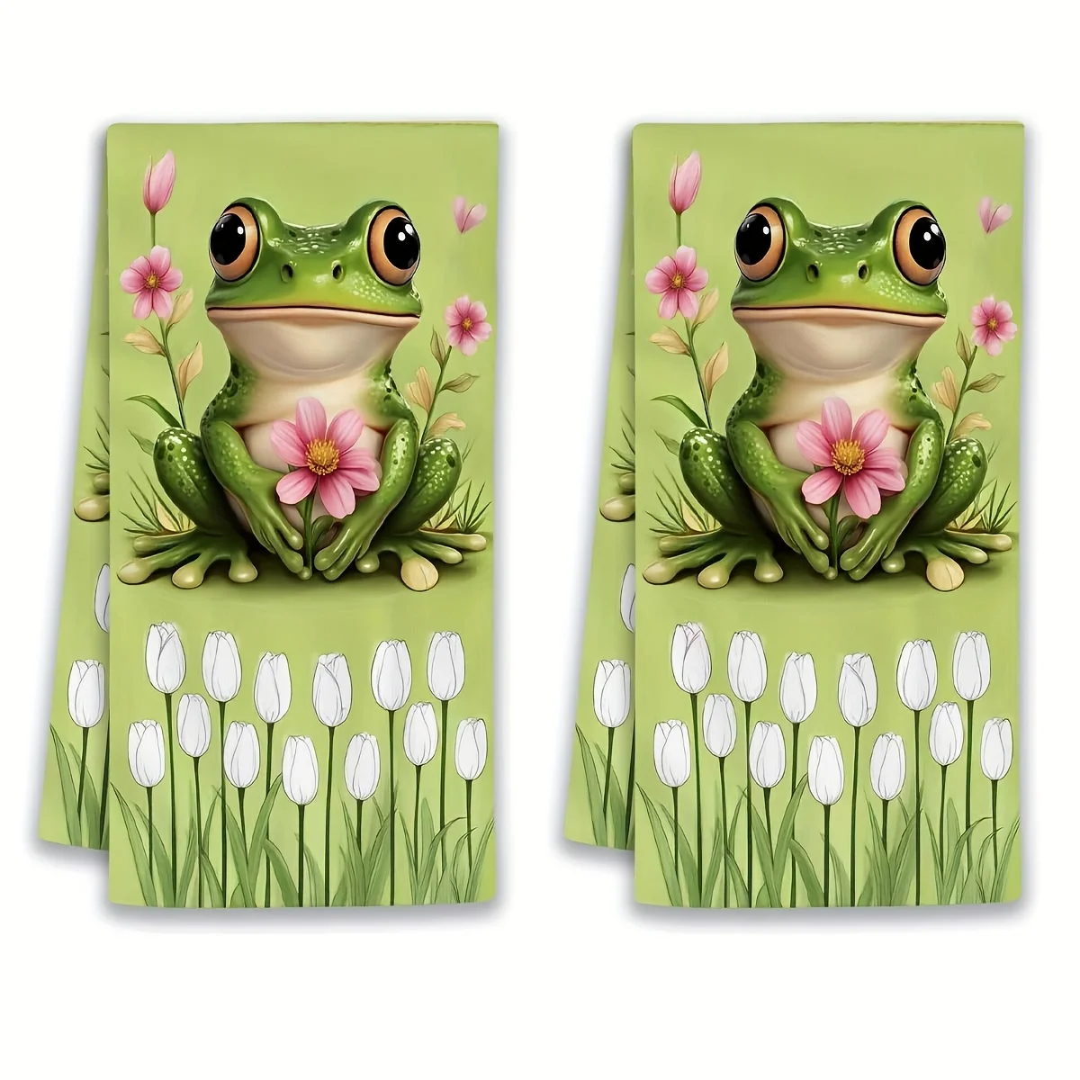 2Pcs, Spring Cute Frog Holding Flowers Kitchen Towel, 40Cm*60Cm Towel Set, Super Absorbent Soft Cleaning Cloth, Cooking and Baking Tea Towel, Hand Towel, Cleaning Cloth, Dishcloth, Kitchen Decoration, Living Room Decoration, Kitchen Essentials, Home Essentials