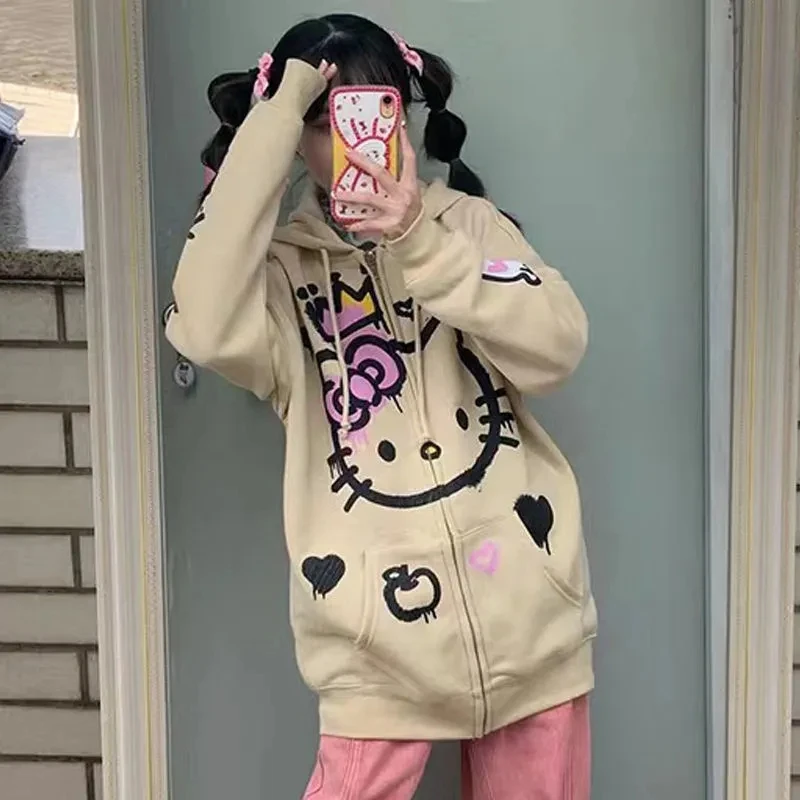 Sanrio Hello Kitty Hoodie Women Retro Harajuku Hip Hop Jacket High Street Zip Up Hoodie Casual Loose Sweatshirt Clothes Y2K Tops