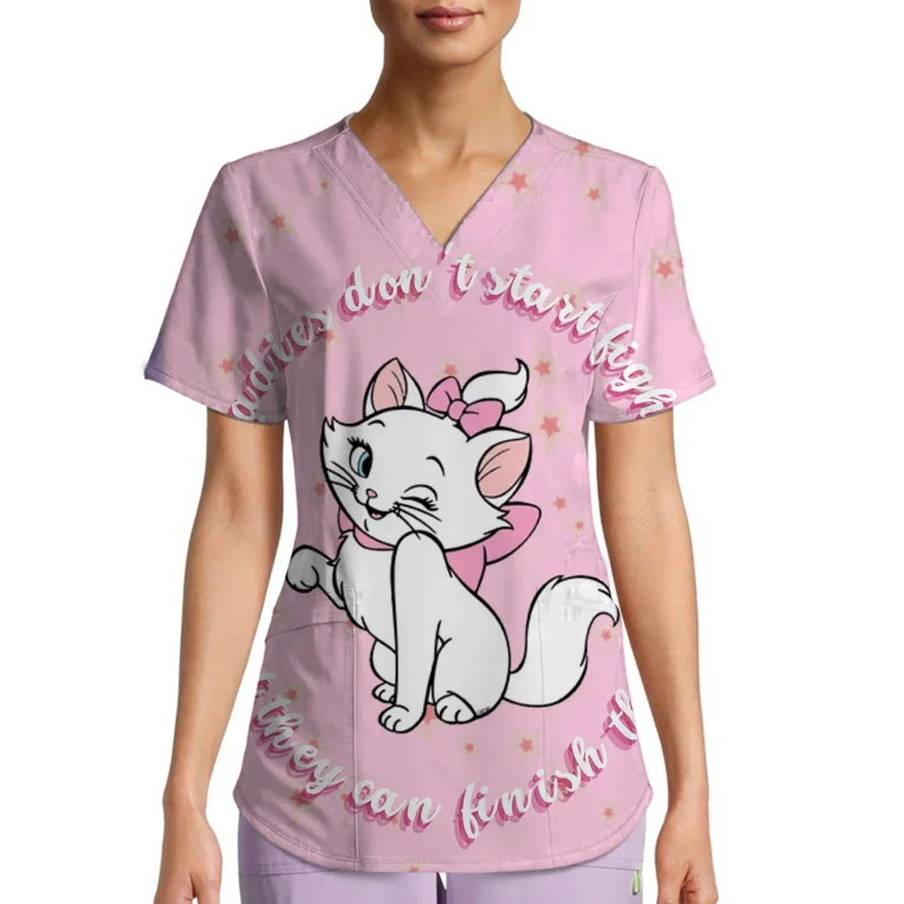 

Disney Princess Nurse Uniform T Shirt Women V Neck Pocket Top Kawaii Street Summer Short Sleeve Y2k Fashion Tee