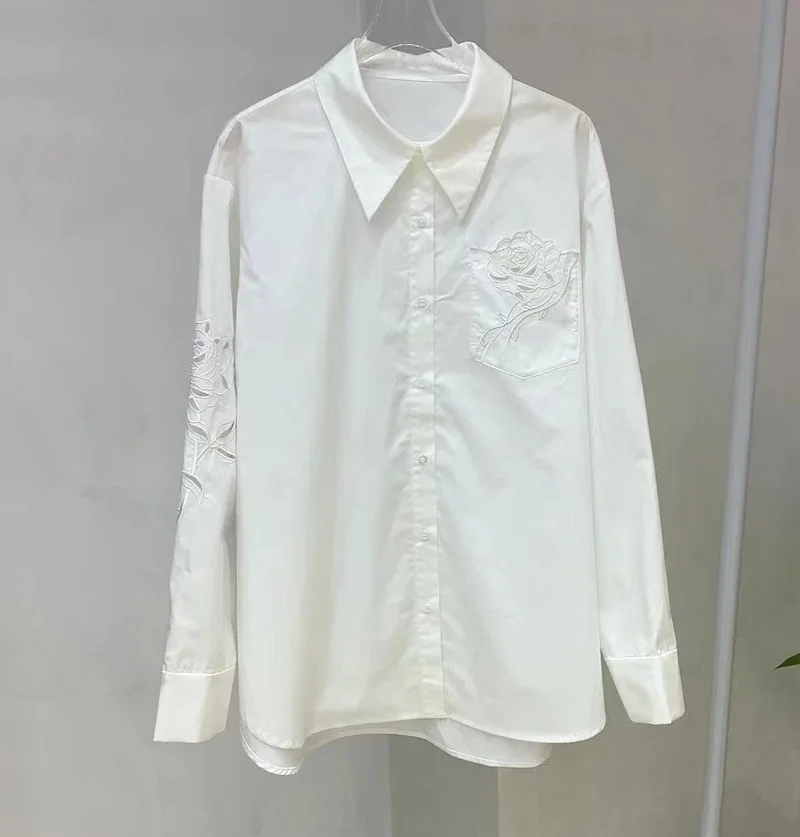 High Quality Brand New Shirts 2024 Spring Fashoin White Purple Shirts Women Turn-down Collar Flower Embroidery Cotton Shirts