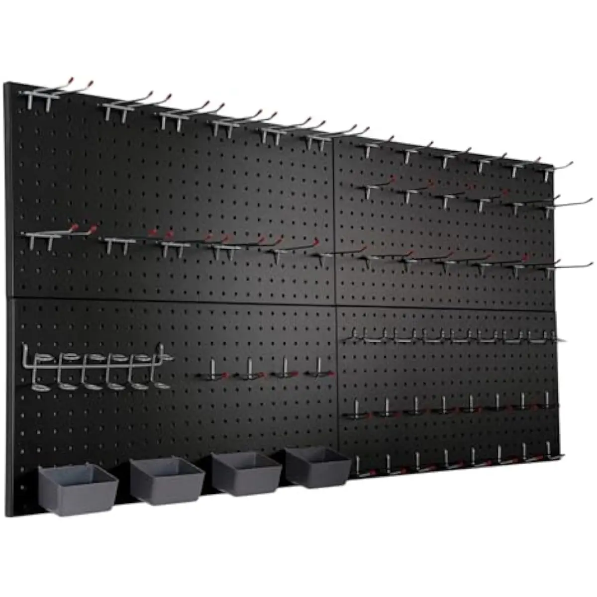 Metal Pegboard Wall System 48x24 Inch Black Alloy Steel Panel Set with 63-Piece Hook Kit Includes Bins Screwdriver Holder Heavy-