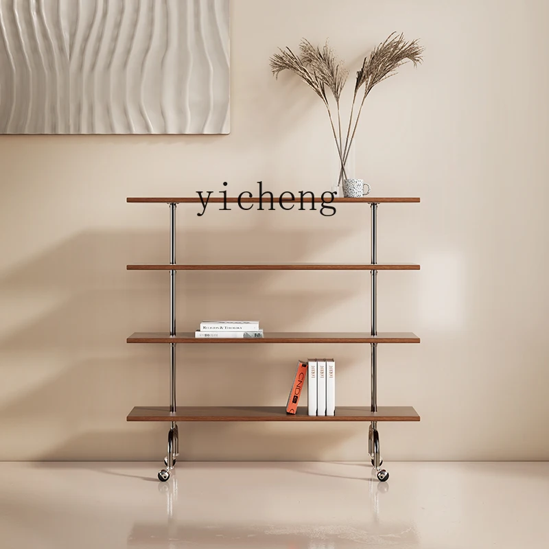 Zf Storage Rack Retro Multi-Layer Storage Trolley with Wheels Solid Wood Stainless Steel Bookshelf