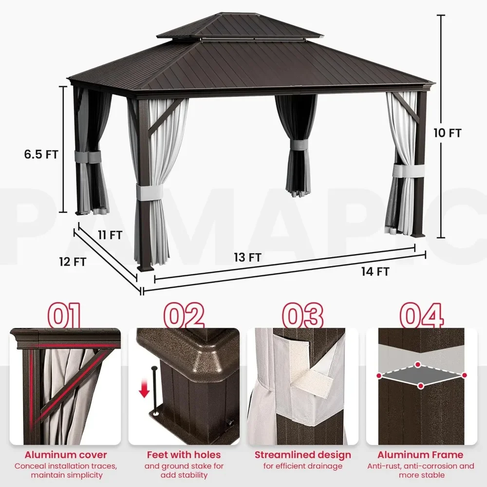 12'x14' Hardtop Gazebo Aluminum, Double Roof Canopy with Netting and Curtains,2-Tier Hardtop Gazebo with Galvanized Iron