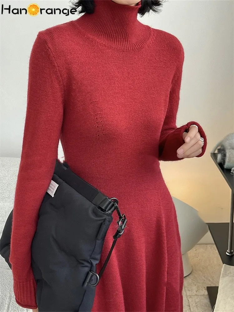 HanOrange 2024 Autumn Winter Turtleneck Elastic Waist Knitted Dress Knitting Bud Dress Wine Red/Black