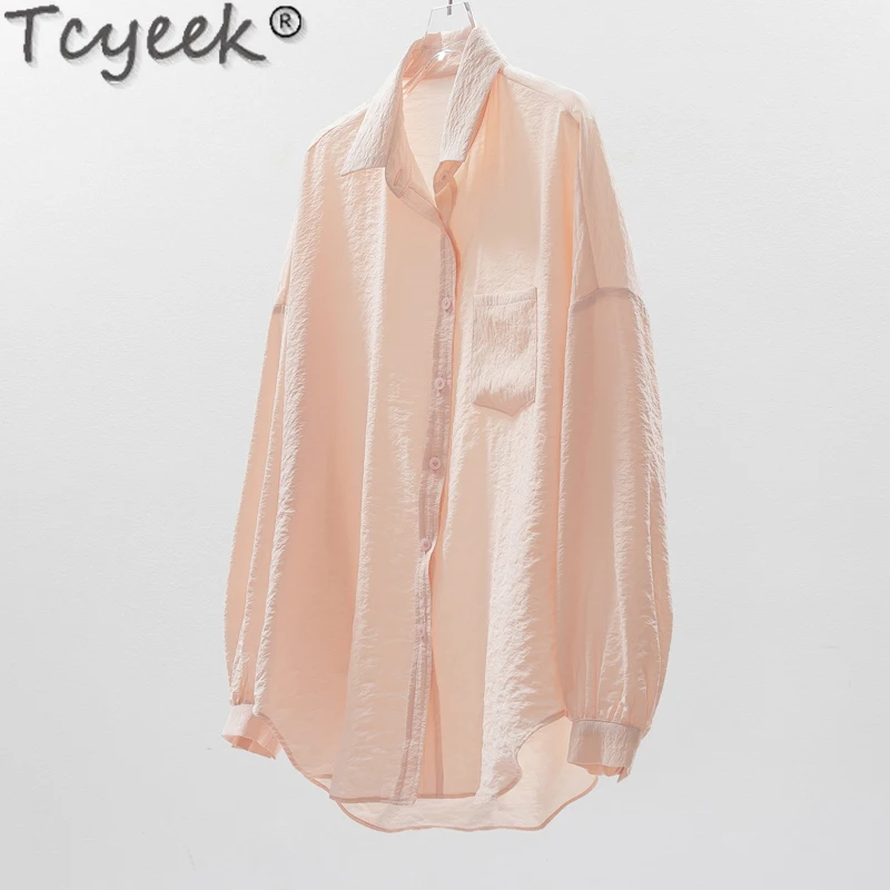 Tcyeek 74% Mulberry Silk Shirt 2024 Solid Color Women\'s Top Sun Protection Loose Fit Shirt for Women Clothing Camisa Mujer M-XL