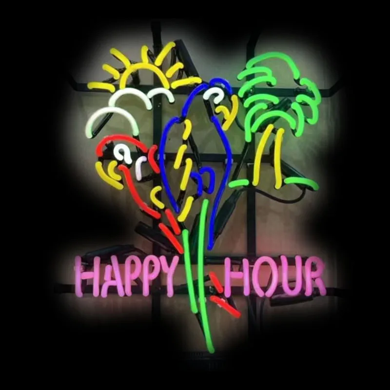 Neon Sign Happy Hour Parrot Palm Tree Handmade Glass Neon Tube Beer Pub Club Restaurant Wall Decor Man Cave Store Party Indoor