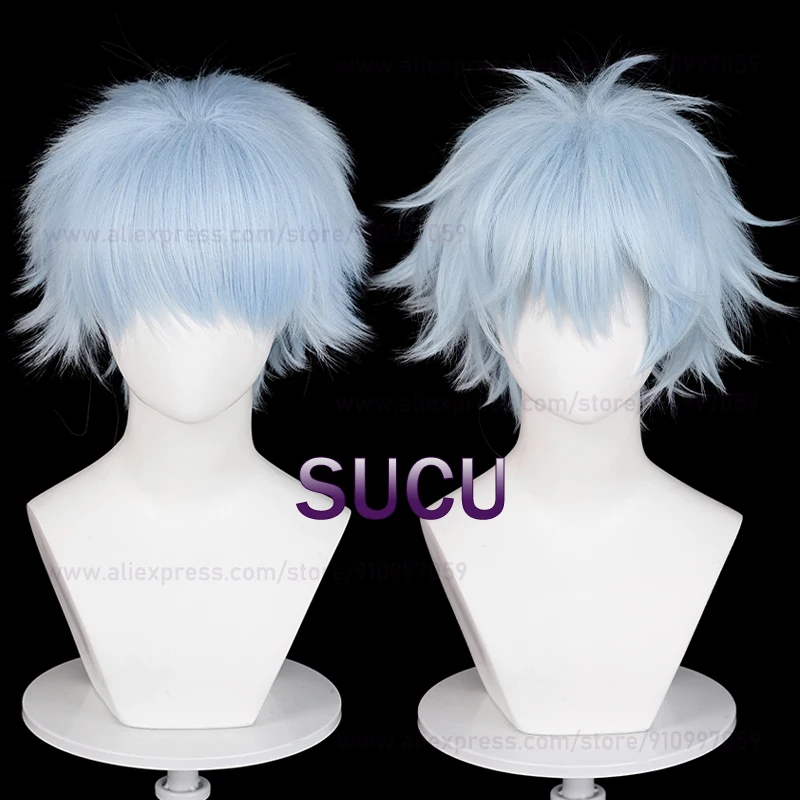 Peluca de Cosplay de Anime Okazaki Shinichi, pelo azul claro, pelucas sintéticas resistentes al calor para Halloween, gorro de peluca, 30cm