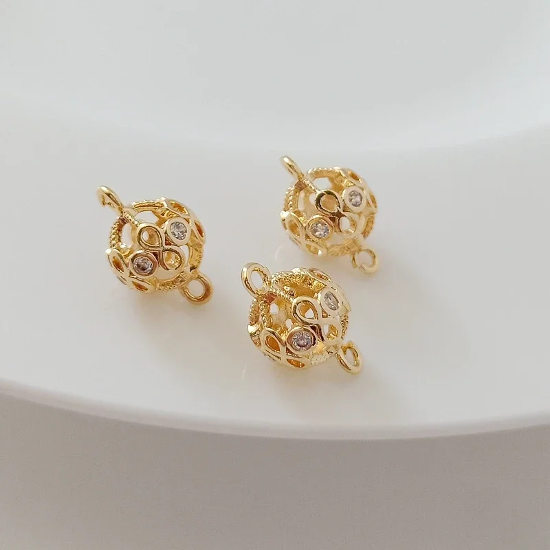 

14k Copper-gold-inlaid Zircon Hollowed-out Double Pendant, 8mm Beaded Handcrafted Diy Pendant with Beaded Flower Balls