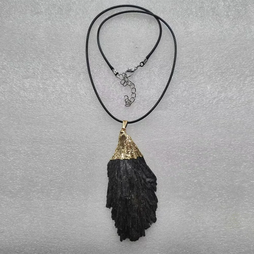Natural Raw Black Tourmaline Cluster Pendant Necklace Fan Shape Protection Feng Shui Healing Jewelry for Women and Men