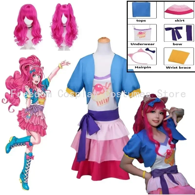 Anime Little Pony Pinkie Pie Cosplay Costume wig Lovely Princess Skirt Uniform Suit Outfit Halloween Party Dress for Girl