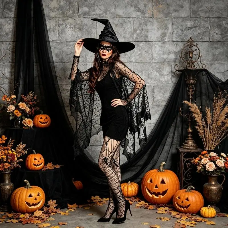 Halloween Cosplay Set with Spiderweb Layer and Garment for Costume 6XDA