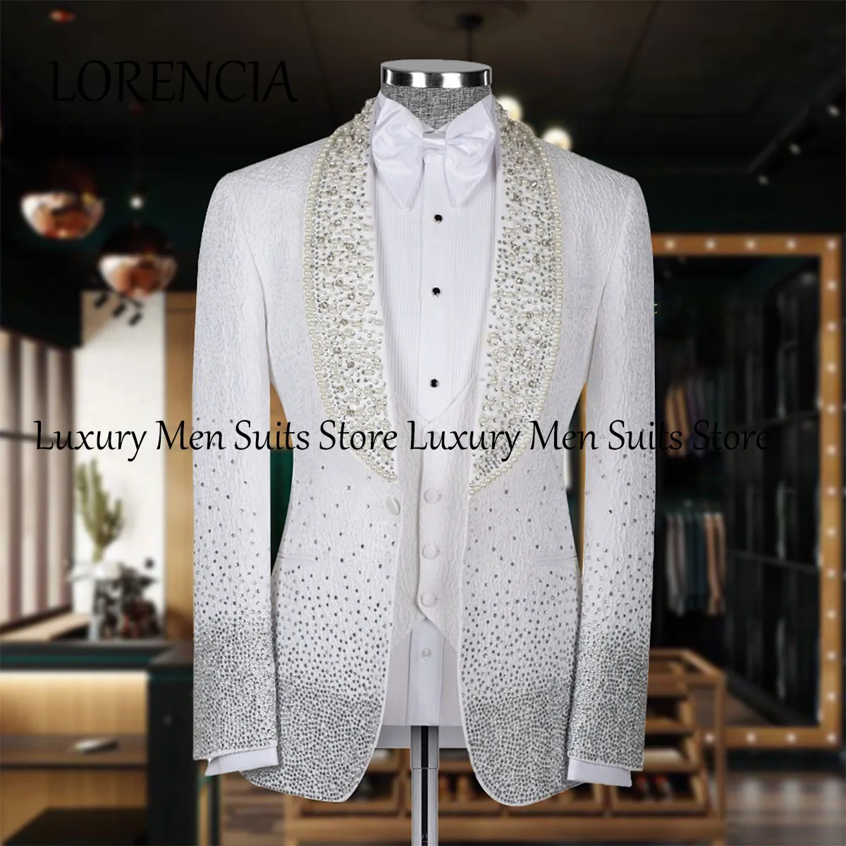 Customized Formal Elegant Men Suits Groom Tuxedos 3 Pieces Luxury Jewelry Bridegroom Blazers Male Bespoke Ternos Completo